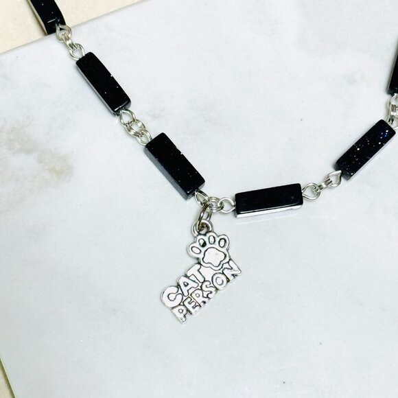 Dark Blue Goldstone Short Necklace w/ Silver Cat Person Paw Print Charm - Picture 5 of 14